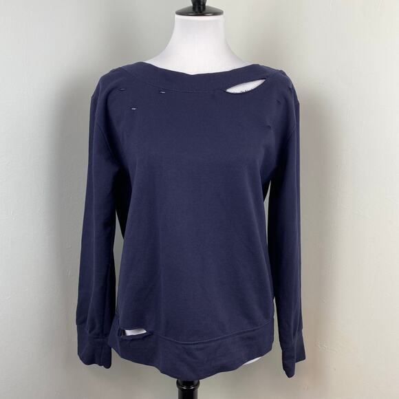 Sam Edelman Navy Distressed Ripped Boatneck Long Sleeve Sweatshirt Medium - Picture 1 of 8